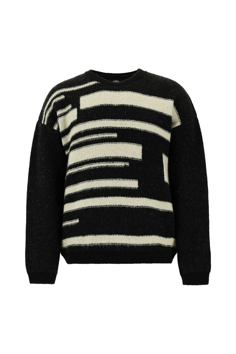 Siyah Bisiklet Yaka Oversize Desenli Yünlü Triko Kazak