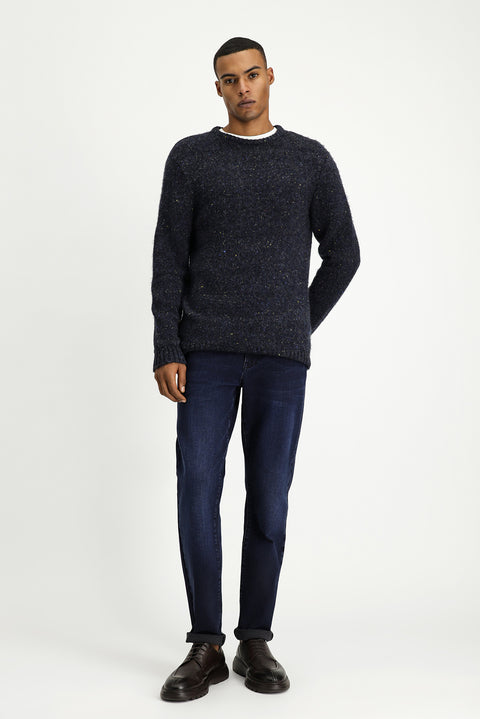 Orta Lacivert Bisiklet Yaka Slim Fit Dar Kesim Desenli Yünlü Triko Kazak