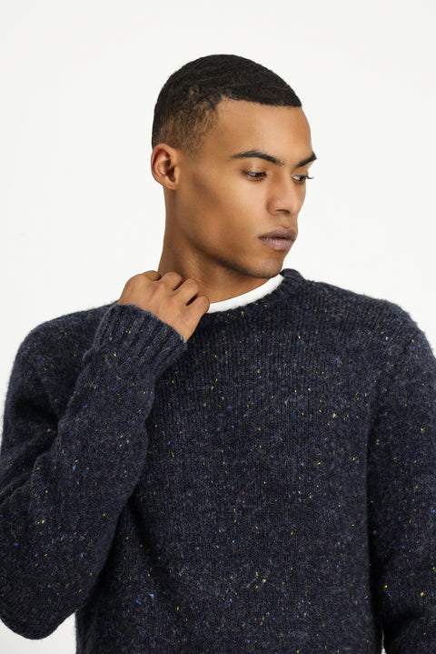 Orta Lacivert Bisiklet Yaka Slim Fit Dar Kesim Desenli Yünlü Triko Kazak