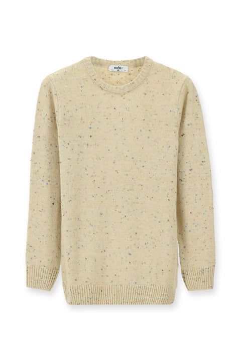 Açık Bej Bisiklet Yaka Slim Fit Dar Kesim Desenli Yünlü Triko Kazak