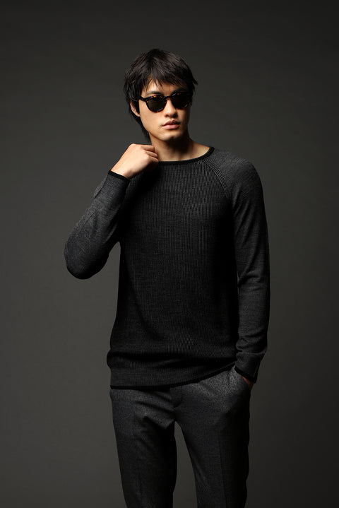 Siyah Bisiklet Yaka Slim Fit Dar Kesim Çizgili Triko Kazak