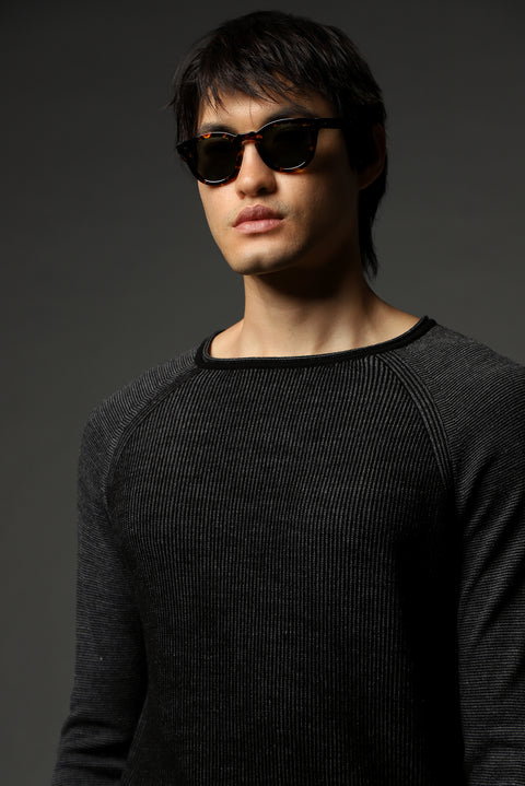 Siyah Bisiklet Yaka Slim Fit Dar Kesim Çizgili Triko Kazak