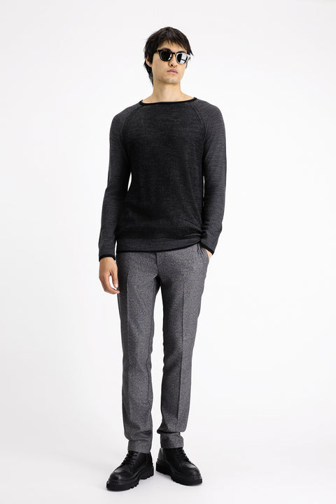 Siyah Bisiklet Yaka Slim Fit Dar Kesim Çizgili Triko Kazak