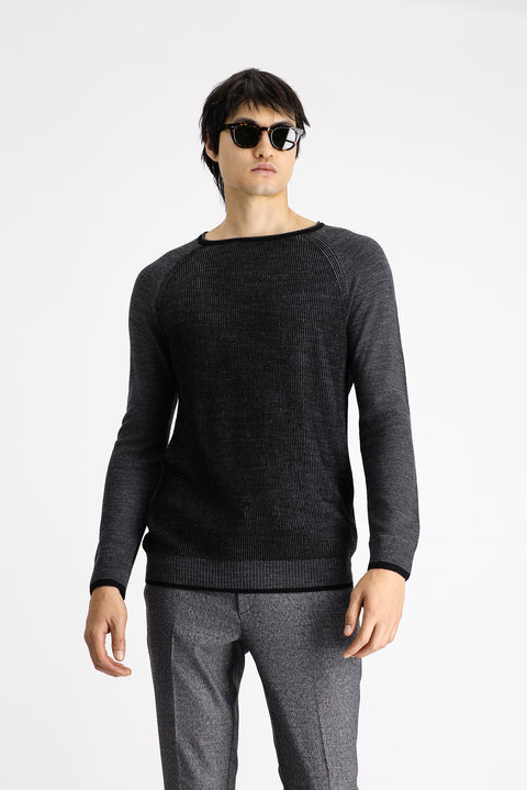 Siyah Bisiklet Yaka Slim Fit Dar Kesim Çizgili Triko Kazak