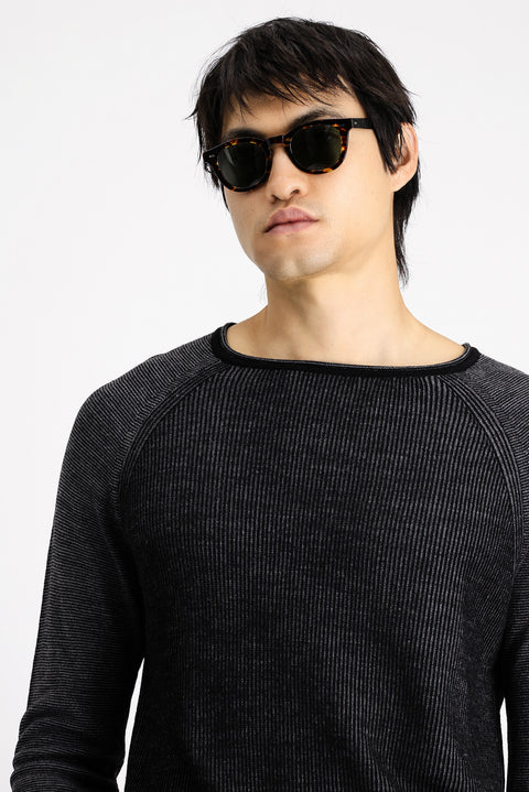 Siyah Bisiklet Yaka Slim Fit Dar Kesim Çizgili Triko Kazak