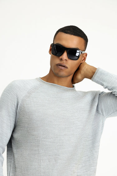  Açık Mavi Bisiklet Yaka Slim Fit Dar Kesim Çizgili Triko Kazak