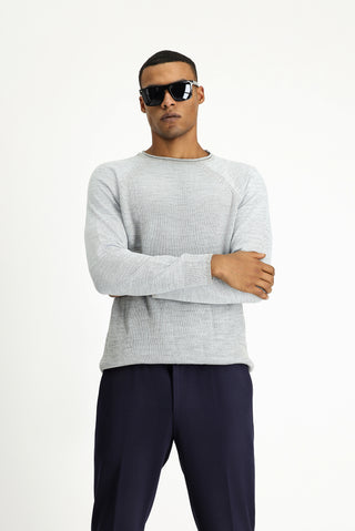  Açık Mavi Bisiklet Yaka Slim Fit Dar Kesim Çizgili Triko Kazak