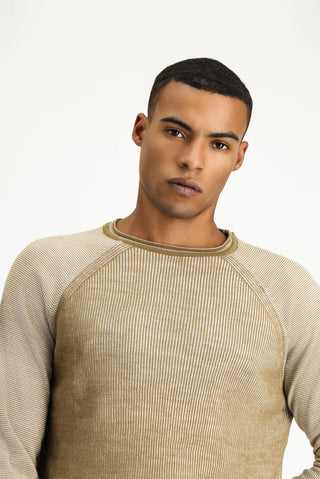  Açık Bej Bisiklet Yaka Slim Fit Dar Kesim Çizgili Triko Kazak