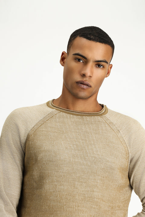 Açık Bej Bisiklet Yaka Slim Fit Dar Kesim Çizgili Triko Kazak