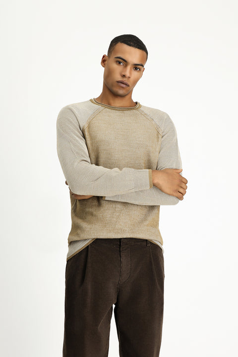 Açık Bej Bisiklet Yaka Slim Fit Dar Kesim Çizgili Triko Kazak