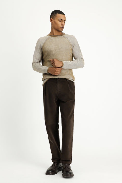 Açık Bej Bisiklet Yaka Slim Fit Dar Kesim Çizgili Triko Kazak