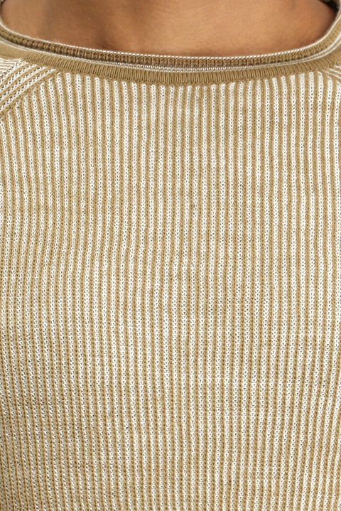 Açık Bej Bisiklet Yaka Slim Fit Dar Kesim Çizgili Triko Kazak