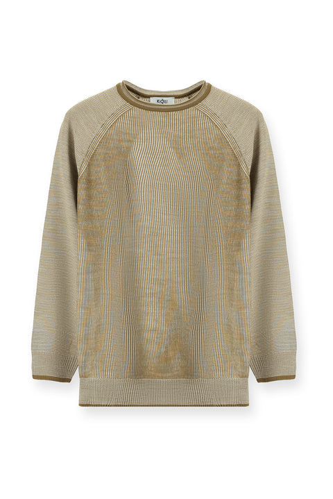 Açık Bej Bisiklet Yaka Slim Fit Dar Kesim Çizgili Triko Kazak