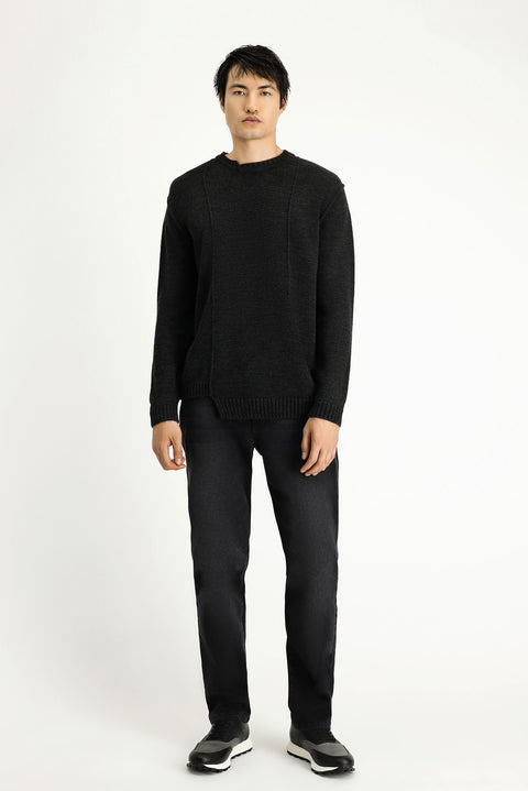 Koyu Antrasit Melanj Bisiklet Yaka Oversize Desenli Triko Kazak