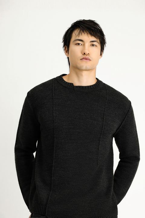 Koyu Antrasit Melanj Bisiklet Yaka Oversize Desenli Triko Kazak