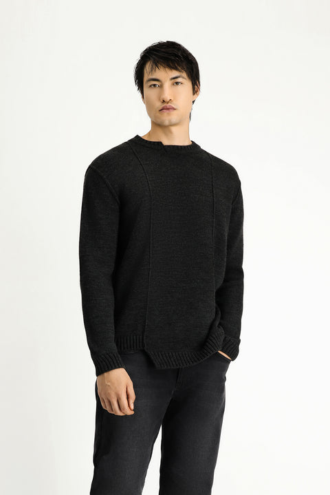 Koyu Antrasit Melanj Bisiklet Yaka Oversize Desenli Triko Kazak