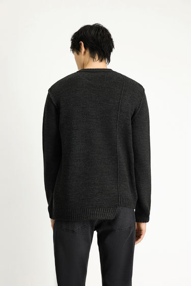 Koyu Antrasit Melanj Bisiklet Yaka Oversize Desenli Triko Kazak