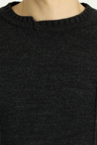 Koyu Antrasit Melanj Bisiklet Yaka Oversize Desenli Triko Kazak