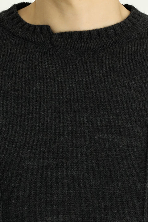 Koyu Antrasit Melanj Bisiklet Yaka Oversize Desenli Triko Kazak