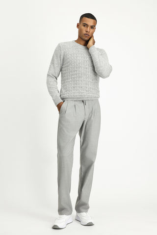  Açık Gri Melanj Bisiklet Yaka Regular Fit Desenli Triko Kazak