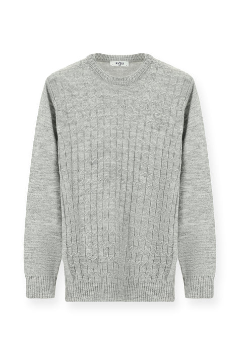 Açık Gri Melanj Bisiklet Yaka Regular Fit Desenli Triko Kazak