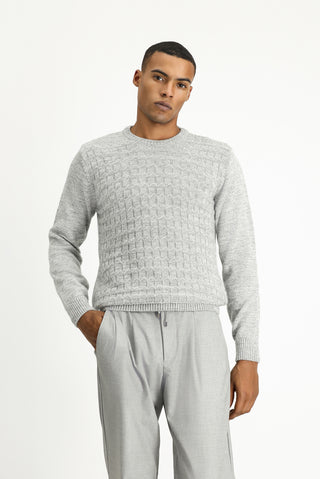  Açık Gri Melanj Bisiklet Yaka Regular Fit Desenli Triko Kazak