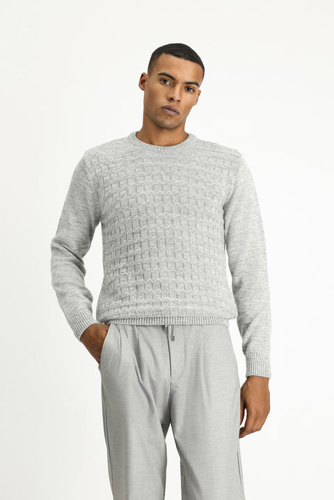 Açık Gri Melanj Bisiklet Yaka Regular Fit Desenli Triko Kazak