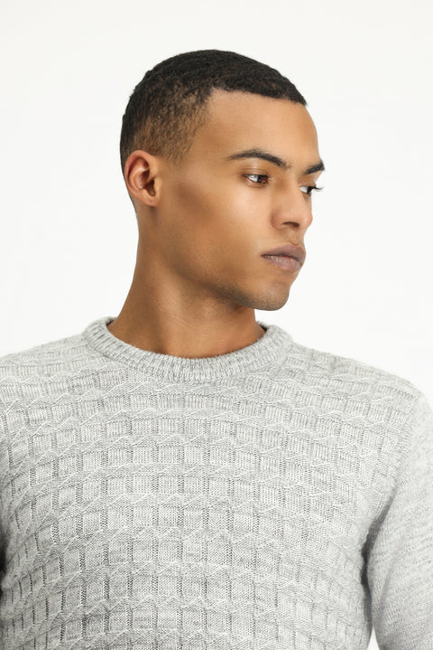 Açık Gri Melanj Bisiklet Yaka Regular Fit Desenli Triko Kazak