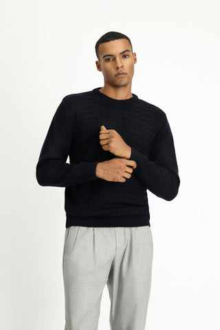  Koyu Lacivert Bisiklet Yaka Regular Fit Desenli Triko Kazak