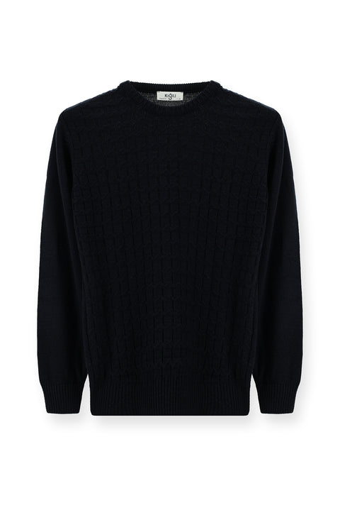 Dark Navy Crew Neck Regular Fit Patterned Knit Sweater