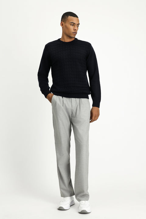 Koyu Lacivert Bisiklet Yaka Regular Fit Desenli Triko Kazak