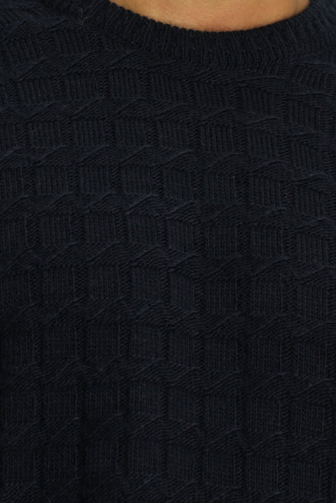 Koyu Lacivert Bisiklet Yaka Regular Fit Desenli Triko Kazak