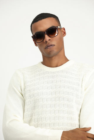  Ekru Bisiklet Yaka Regular Fit Desenli Triko Kazak