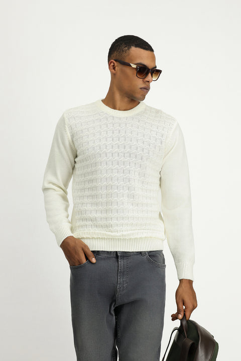 Ekru Bisiklet Yaka Regular Fit Desenli Triko Kazak