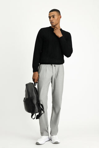  Siyah Bisiklet Yaka Regular Fit Desenli Triko Kazak