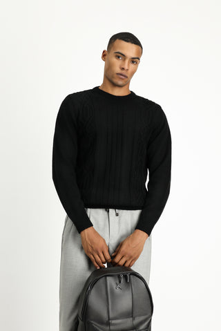  Siyah Bisiklet Yaka Regular Fit Desenli Triko Kazak