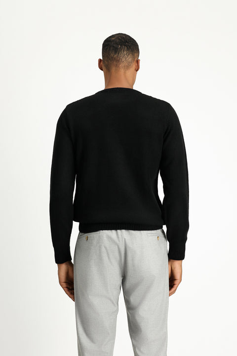 Siyah Bisiklet Yaka Regular Fit Desenli Triko Kazak