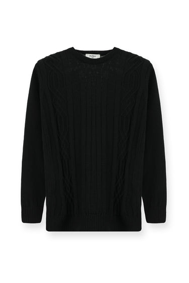 Siyah Bisiklet Yaka Regular Fit Desenli Triko Kazak