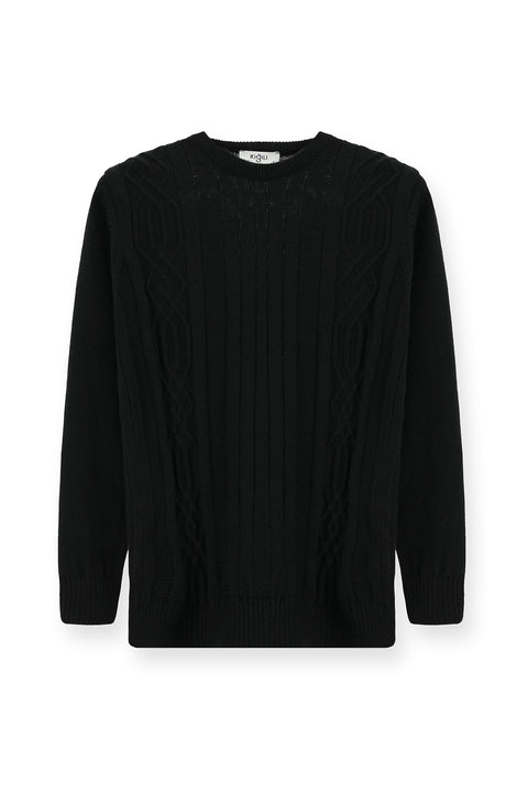 Siyah Bisiklet Yaka Regular Fit Desenli Triko Kazak