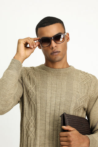  Orta Bej Bisiklet Yaka Regular Fit Desenli Triko Kazak