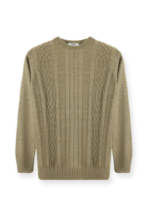 Medium Beige Crew Neck Regular Fit Patterned Knit Sweater