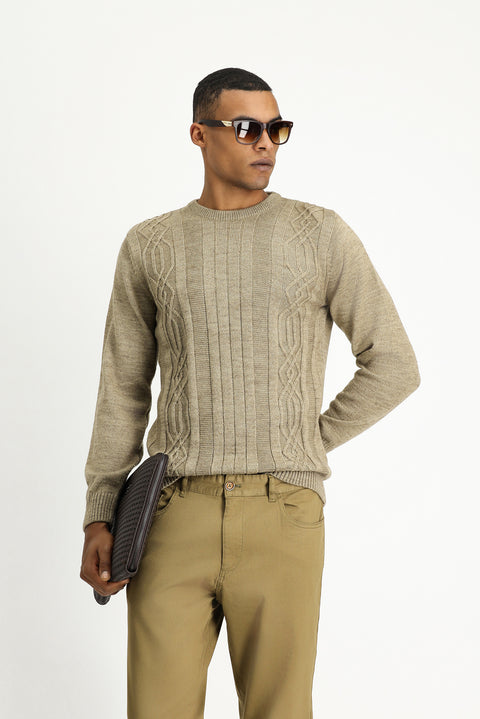 Medium Beige Crew Neck Regular Fit Patterned Knit Sweater