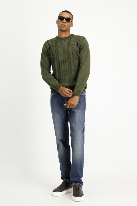 Orta Haki Bisiklet Yaka Regular Fit Desenli Triko Kazak