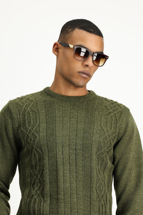 Orta Haki Bisiklet Yaka Regular Fit Desenli Triko Kazak