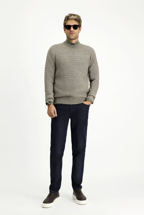 Açık Vizon Bisiklet Yaka Regular Fit Desenli Triko Kazak