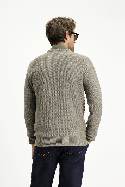 Açık Vizon Bisiklet Yaka Regular Fit Desenli Triko Kazak