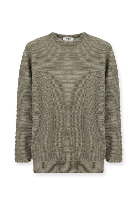 Açık Vizon Bisiklet Yaka Regular Fit Desenli Triko Kazak