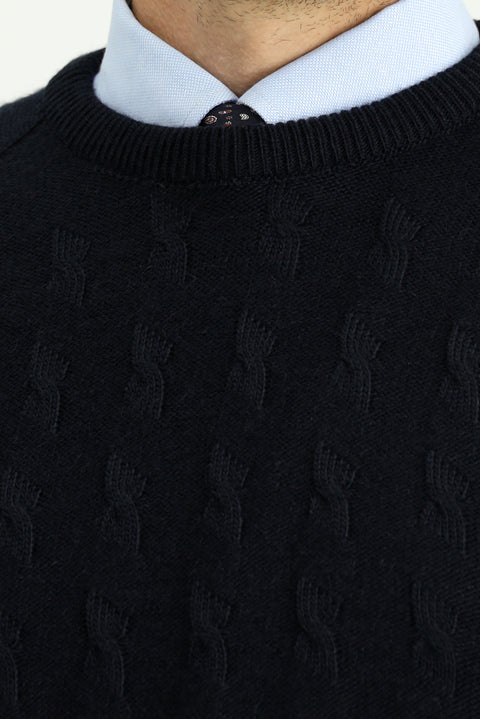 Koyu Lacivert Bisiklet Yaka Regular Fit Desenli Triko Kazak