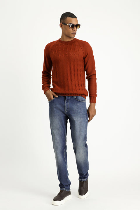 Kiremit Bisiklet Yaka Regular Fit Desenli Triko Kazak