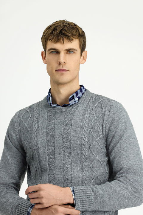 Orta Gri Melanj Bisiklet Yaka Regular Fit Desenli Triko Kazak